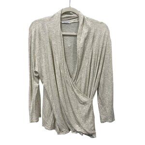 La Clef Faux Wrap Long Sleeve Top Size Large Rayon Blend Heather Beige Gray Knit